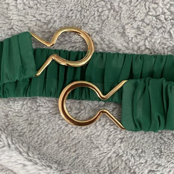Green chiffon and Gold tone Stretch Belt with interlocking clasp - Picture 3 of 6